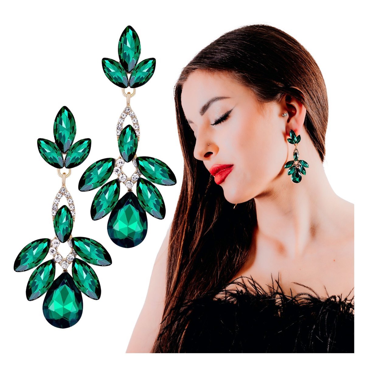 Kolczyki Wiszące Złote Zielone Długie z Cyrkoniami Sztyft Lekkie Efektowne