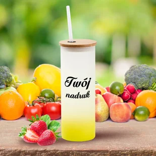 Wysoka szklanka z limonkowym dnem, bambusową pokrywką i słomką z Twoim nadrukiem - Szklanki - miniaturka - grafika 1