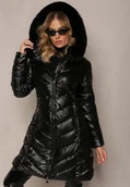 Kurtki damskie - Czarna Pikowana Kurtka Metaliczna z Kapturem i Futerkiem Vivana - miniaturka - grafika 1
