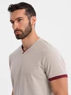 Koszulki męskie - T-shirt męski z kontrastowymi wstawkami i dekoltem w serek beżowy V2 OM-TSCT-0198 XXL - miniaturka - grafika 1