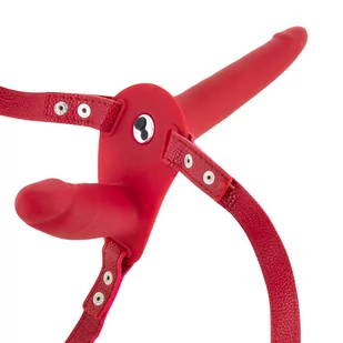 Fetish tentation Fetish tentation Vibrating Strap-on with Double Dildo Red - wibrujące dildo strap on - Pozostałe gadżety erotyczne - miniaturka - grafika 2