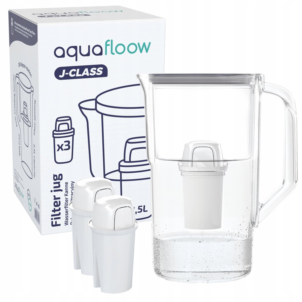 Dzbanek filtrujący z tworzywa AquaFloow J-CLASS 2,5l szary + 3x filtr