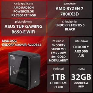Komputer MAD DOG ENDORFY500AIR-A20DB32 R7-7800X3D 32GB RAM 1TB SSD Radeon RX7800XT Wi-Fi - Zestawy komputerowe - miniaturka - grafika 1