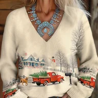Swetry damskie - TEMU Sweter Damski Lekki na Boże Narodzenie - Dekolt w Serek, Długi Rękaw z Nadrukiem Śnieżnych Ciężarówek i Psów - Beżowe Tło, Wygodny Strój na - miniaturka - grafika 1