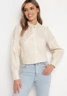 Koszule damskie - Beżowa Bawełniana Koszula ze Stójką i Ażurową Koronką Lathorissa - miniaturka - grafika 1