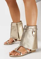 Botki damskie - Złote Sandały z Wywiniętą Wysoką Cholewką z Klamrą i Cyrkoniami Afilla - miniaturka - grafika 1