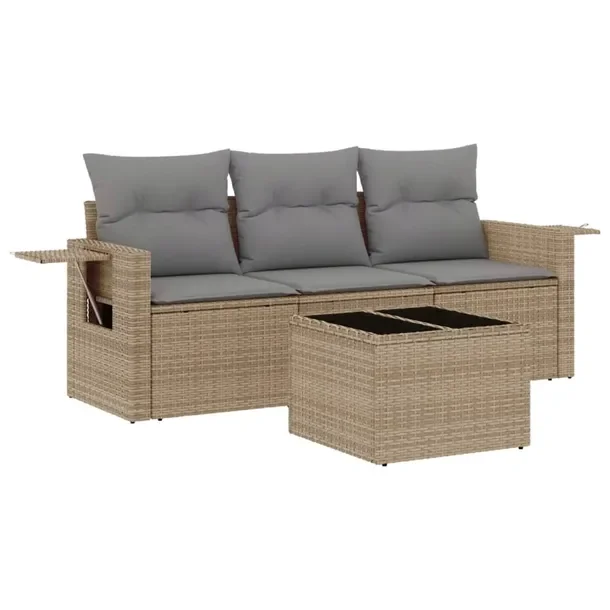 Zestaw Wypoczynkowy z Rattanu PE, Stół, Sofa, Beżowy, 62x62x69 cm