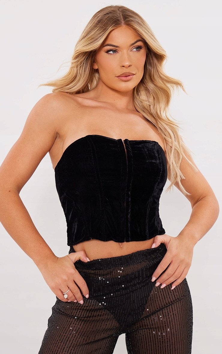 Prettylittlething Top Czarny Welurowy 42 Egc