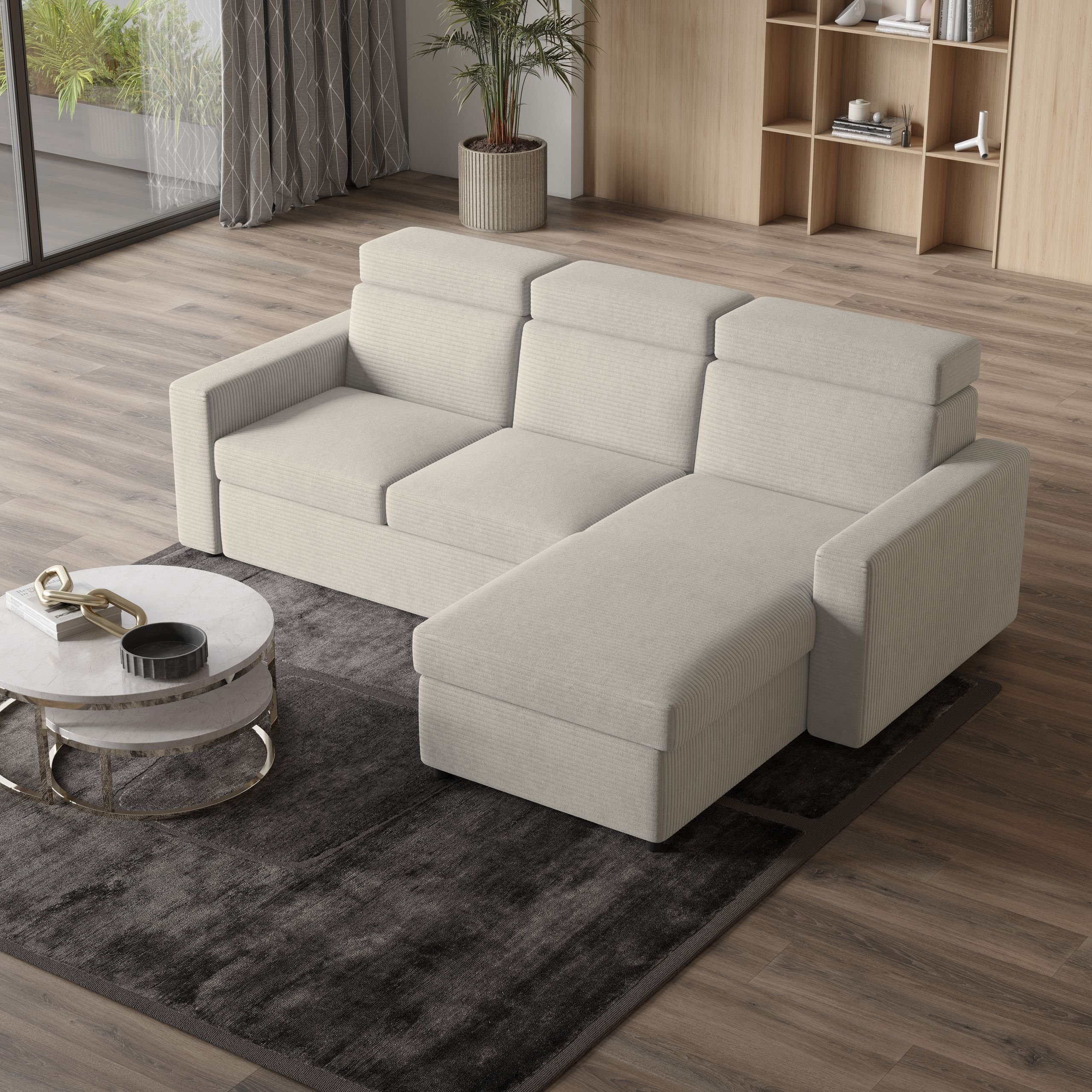 Masseno Narożnik PADWA z funkcją spania i pojemnikiem na pościel Kształt L, Rozkładana sofa, Rogówka - Kremowy, POSO 100