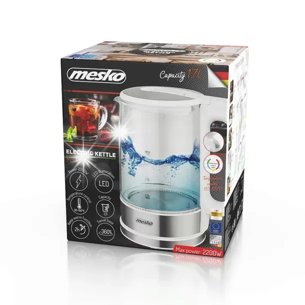 Czajnik Szklany Bezprzewodowy 1,7L Mesko 2200W Mocny LED