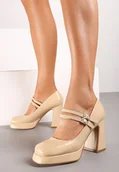 Półbuty damskie - Beżowe Półbuty Czółenka na Obcasie z Lakierowanym Połyskiem Zdobione Paskami ze Sprzączkami Viathena - miniaturka - grafika 1