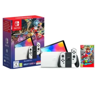 Nintendo Switch OLED Biały + Mario Kart 8 Deluxe + Nintendo Online 365dni + Super Mario Odyssey - Konsole Nintendo - miniaturka - grafika 1