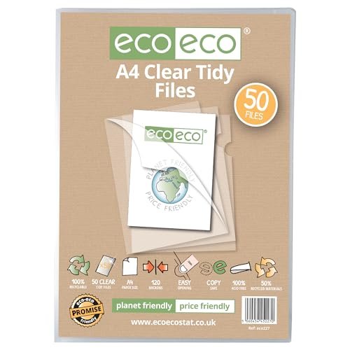 eco-eco A4 w 50% torba z recyklingu, 50 uporządkowanych plików, otwarte górne i boczne osłony 120 mikronów, portfele na dokumenty, przezroczyste wycięcie, eco227