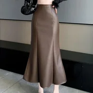 Spódnice - Elegancka spódnica midi skórzana - Brązowy - miniaturka - grafika 1