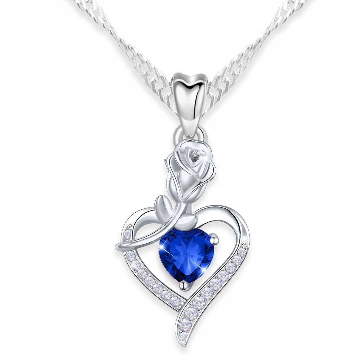 Naszyjnik Srebrny Kryształowe Niebieskie Serce Róża Kwiatek SREBRO 925