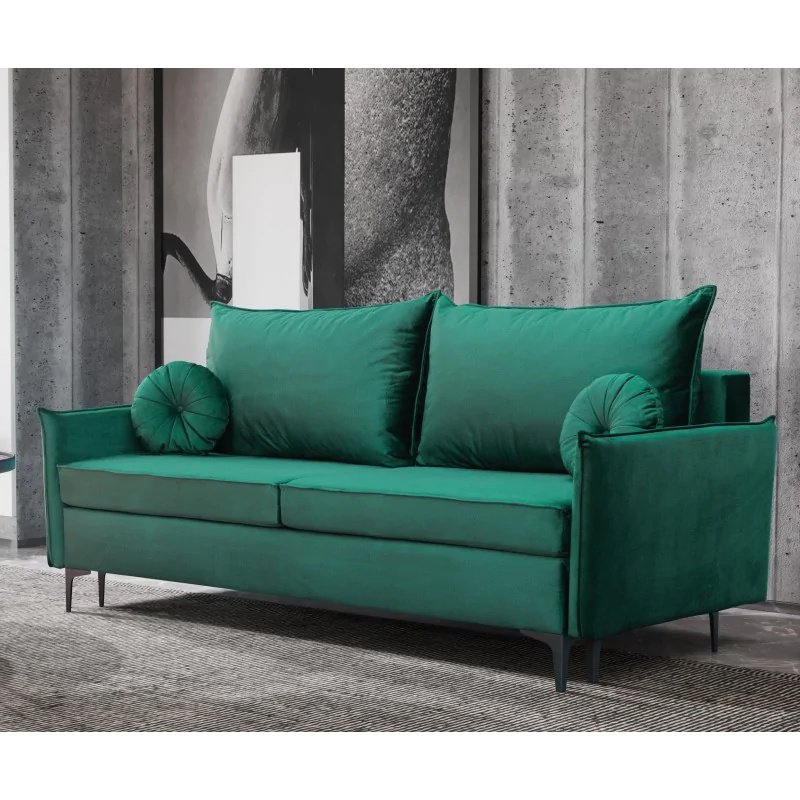 Sofa rozkładana LEA Sofa z funkcją spania i pojemnikiem na pościel, sofa rozkładana, sofa rozkładana na metalowych nóżkach, sofa w kolorze: zielony, tkanina welurowa