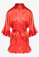 Szlafroki damskie - Czerwony Satynowy Szlafrok Wiązany w Pasie i Ozdobiony Falbanką Wienia - miniaturka - grafika 1