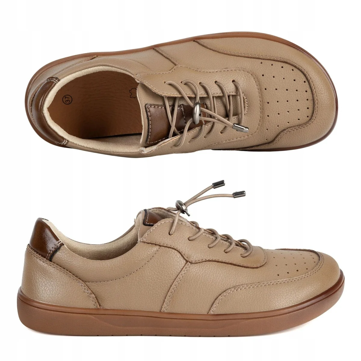 Damskie półbuty barefoot skórzane POTOCKI 19508 beżowe 38 buty minimalistyczne, obuwie na co dzień, skóra naturalna, wkładka skórzana, sznurowane