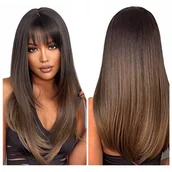 Ozdoby do włosów - Peruka długa brąz prosta grzywka - miniaturka - grafika 1