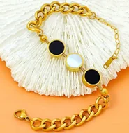 Bransoletki - Złota Bransoletka Tarcze Masa Perłowa Onyks Łańcuszek Stal Szlachetna - miniaturka - grafika 1