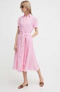 Sukienki - Polo Ralph Lauren sukienka lniana kolor różowy midi prosta 211935154 - miniaturka - grafika 1