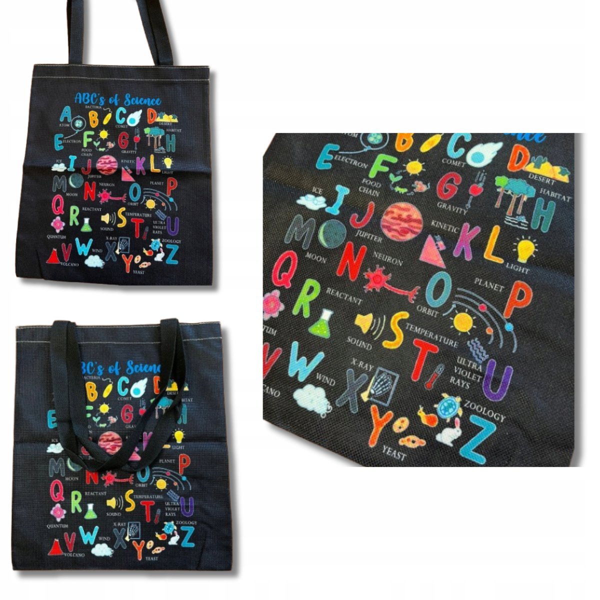 Bawełniana Torba Na Ramię Czarna Z Motywem Naukowym 40x35cm Alfabet