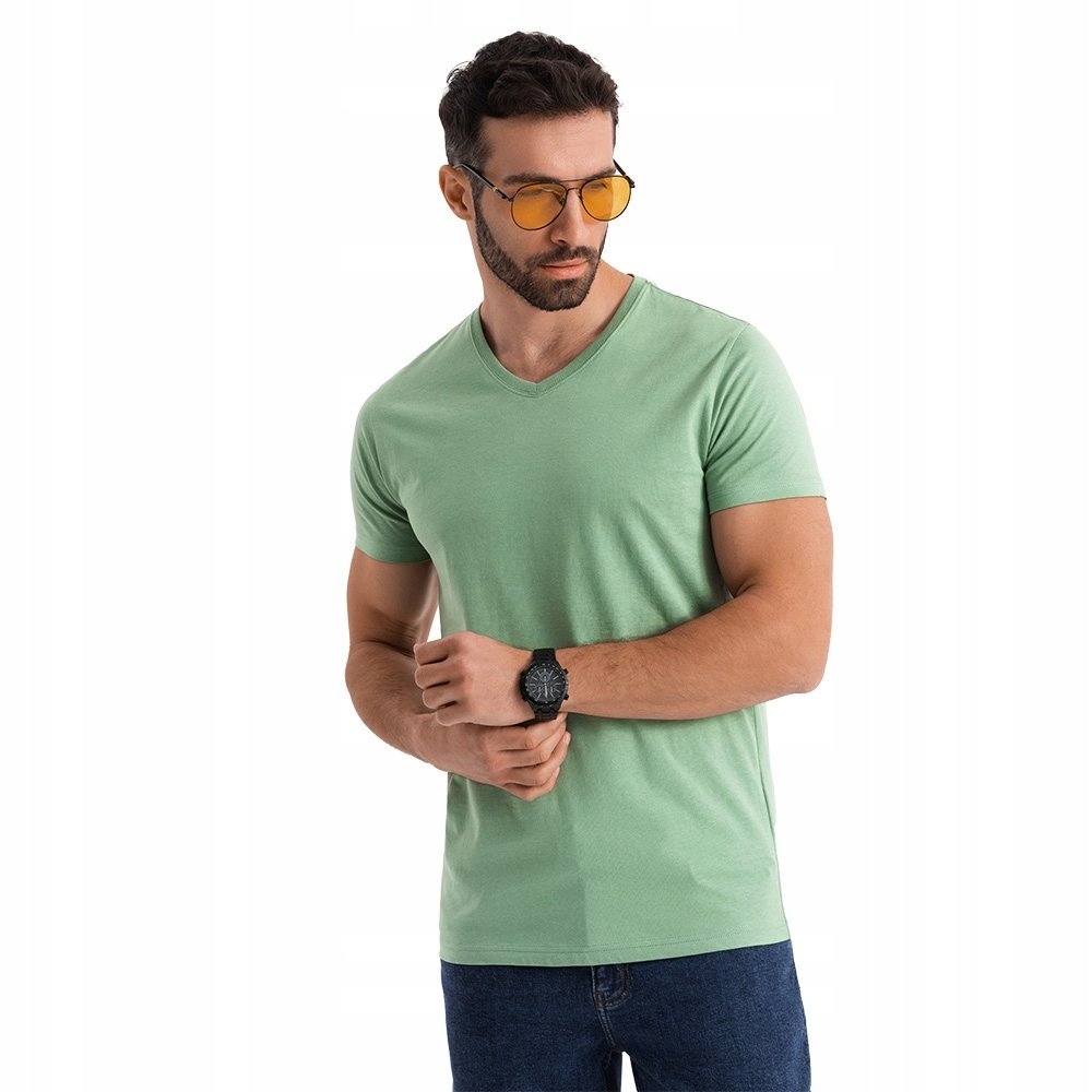 Bawełniana męska koszulka serek wygodna BASIC zielona OM-TSBS-0237 V11 XXL