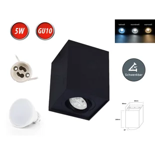 Lampa sufitowa GAMA-SS Reflektor natynkowy Oprawa natynkowa 80x80mm Reflektor obrotowy 45° Kątowy Czarny wykonany z aluminium z gniazdem GU10 5W Żarówka biała zimna - Lampy sufitowe - miniaturka - grafika 1