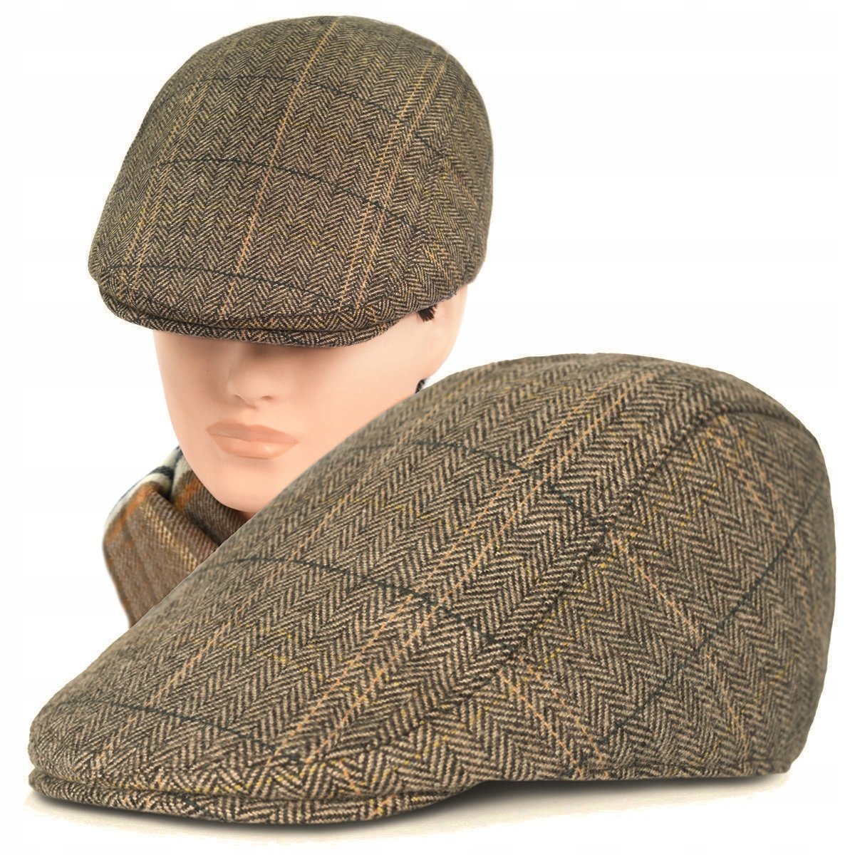 Kaszkiet Męski Zimowy Ocieplany Elegancka Czapka w Jodełkę z Wełną