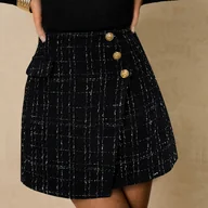 Spódnice - TEMU Seksowna spódnica damska w kratę z metalicznymi guzikami - z wysokim stanem, falbanką u dołu, czarno-biała kratka, idealna na jesień, od stroju - miniaturka - grafika 1