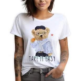 Koszulka T-shirt Damski Bawełniany Biały M Miś Pluszaki Take It Easy Wzory - Koszulki i topy damskie - miniaturka - grafika 1