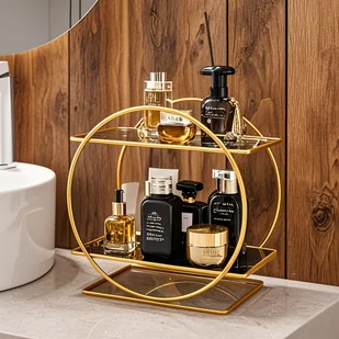 TEMU 1 szt. Elegancka Złota Okrągła Metalowa Półka - Powlekana UV, Dwupoziomowy Dekoracyjny Organizer do Łazienki i Salonu - Idealna na Kosmetyki, - Inne - miniaturka - grafika 1