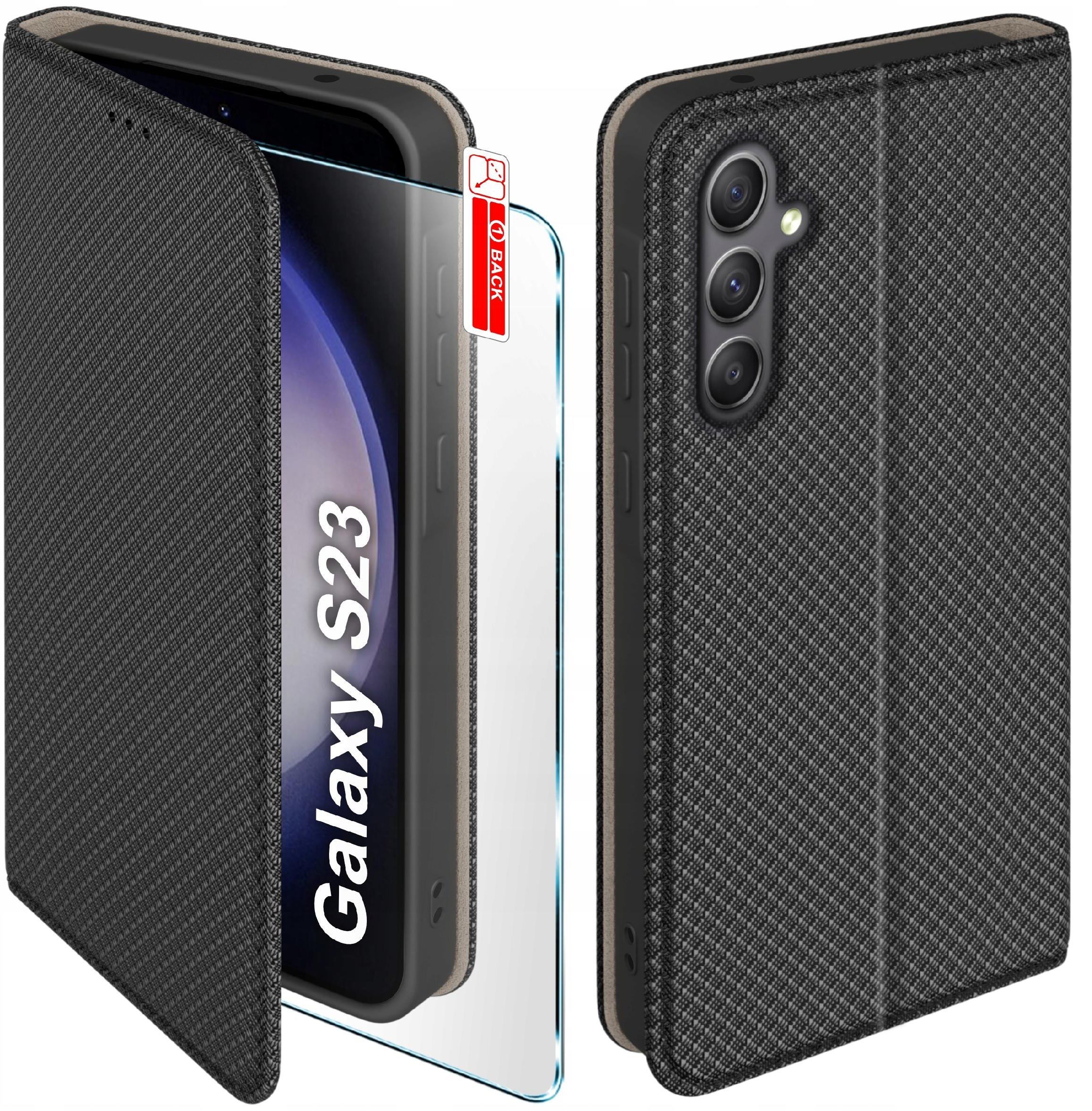Etui z klapką do Samsung S23 Zamykane Czarne Futerał + Szkło 9H