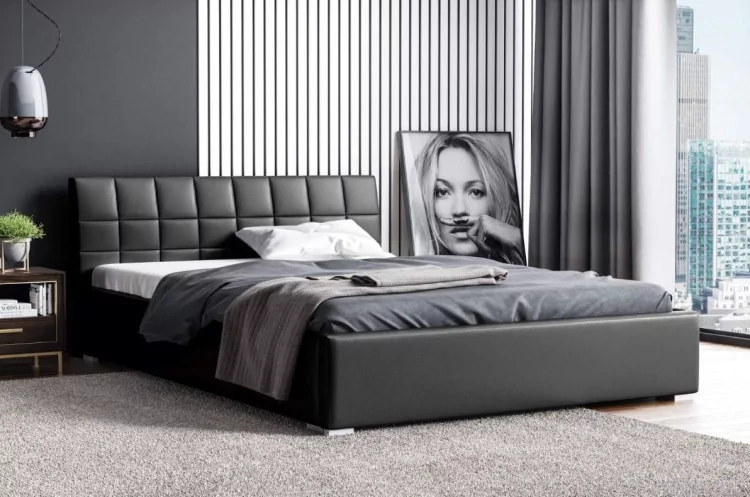 Łóżko tapicerowane pikowane z materacem Kendi 180x200 Czarne Metalowy Stelaż
