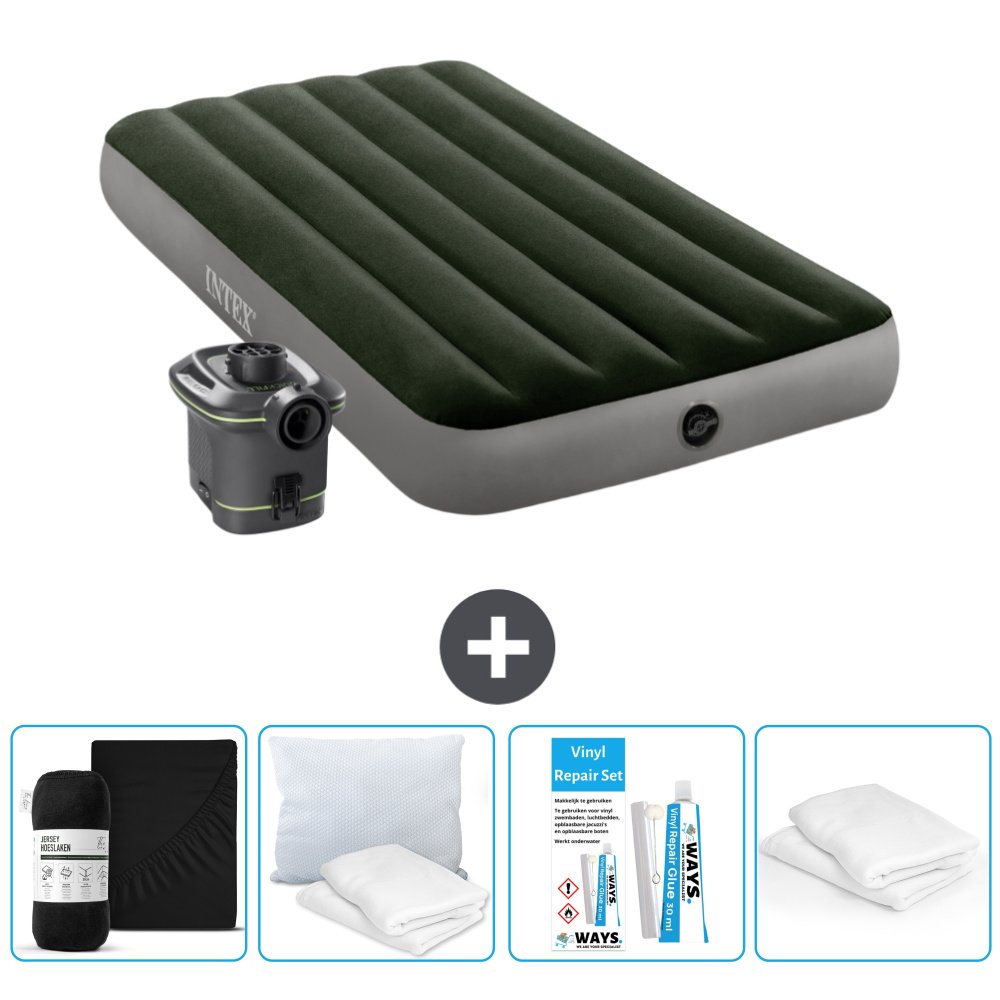 Łóżko powietrzne Intex - 1 osoba - 99 x 191 x 25 cm - Zielony - W tym pompka - Prześcieradło - Całowanie - Zestaw naprawczy en Ochraniacz na poduszkę