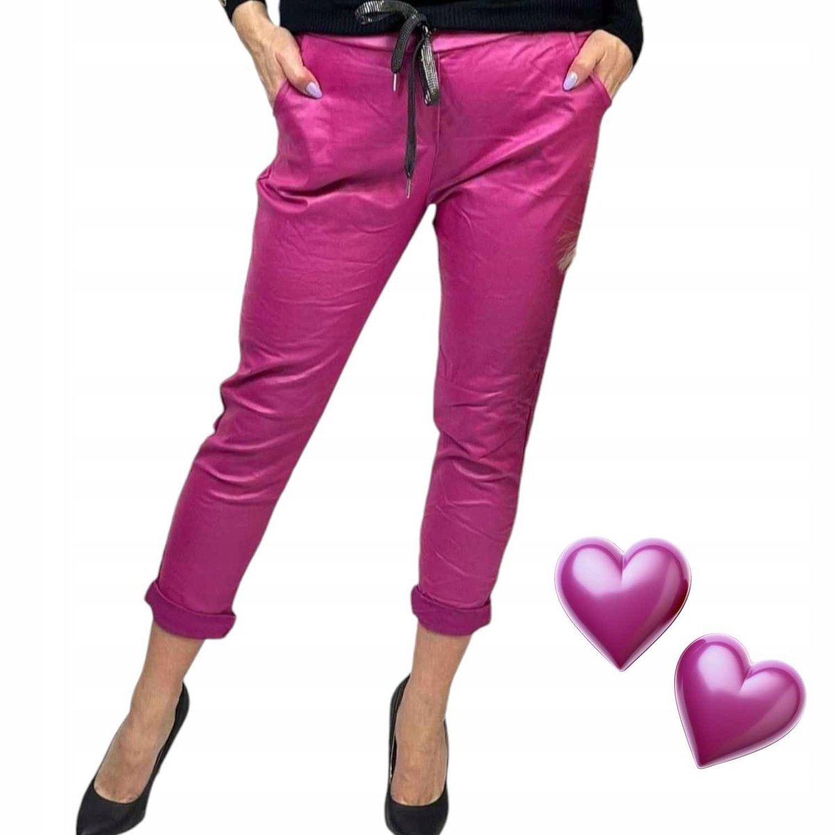 Spodnie gnieciuchy lycra ECO skóra skórki L XL 40 42 kieszenie fuksja