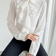 Koszule damskie - TEMU 1 Szt. Elegancka Damska Biała Koszula Z Długim Rękawem Z Falbanką I Wysokim Dekoltem, 100% Poliestrowa, , Jednokolorowa Bluza Na Wiosnę/ jesień - miniaturka - grafika 1