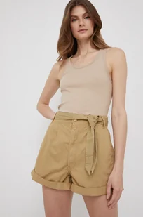 Pepe Jeans szorty bawełniane KAYLEE SHORT damskie kolor zielony gładkie high waist - Spodenki damskie - miniaturka - grafika 1