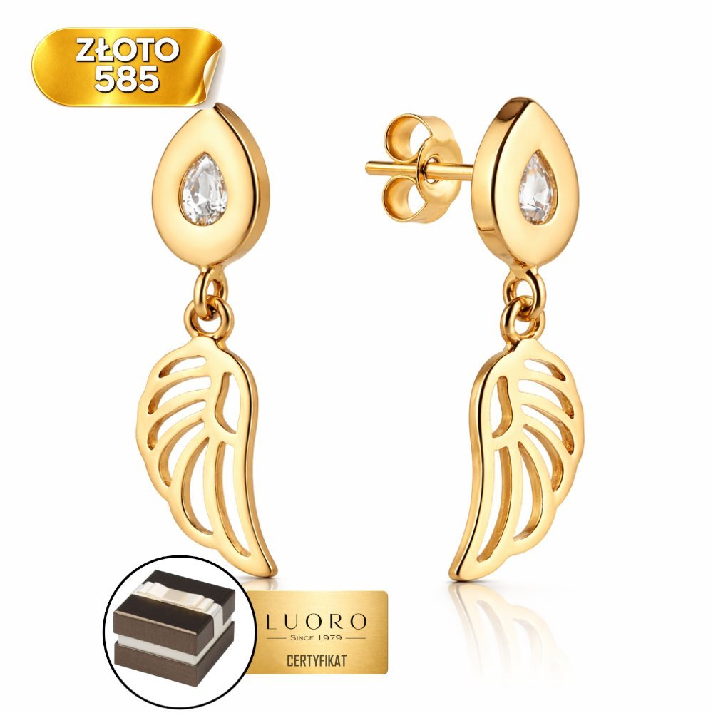 KOLCZYKI ZŁOTE 585 14K SKRZYDEŁKO ŁEZKA CYRKONIA 20 MM SZTYFT ELEGANCKIE