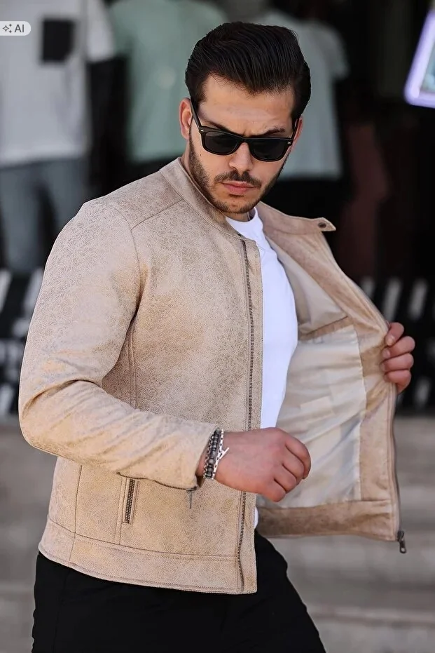 MĘSKA KURTKA ZAMSZOWA BEŻOWA W STYLU MINIMALISTYCZNYM L 5IA