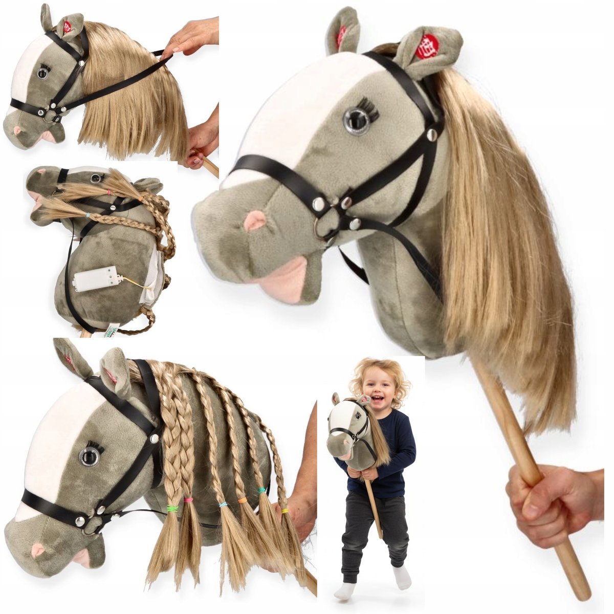 KONIK NA PATYKU SIWY KOŃ HOBBY HORSE PREMIUM GŁOWA KONIA DO SKAKANIA