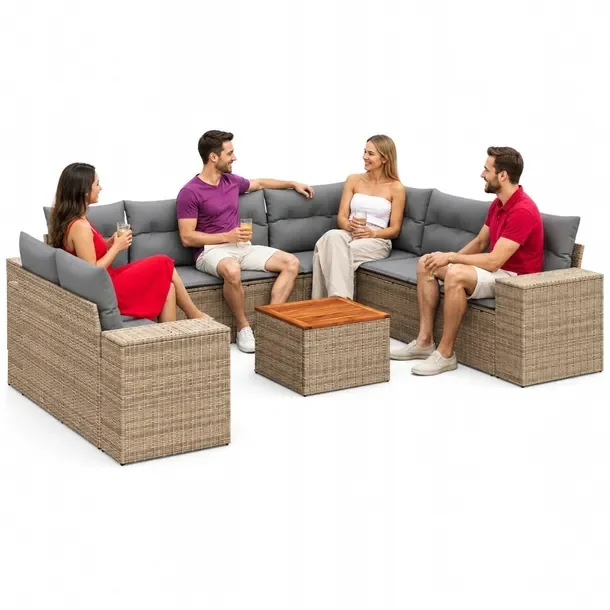 Zestaw Wypoczynkowy Rattan PE Beżowy, Stolik Drewno Akacjowe 55x55x37 cm