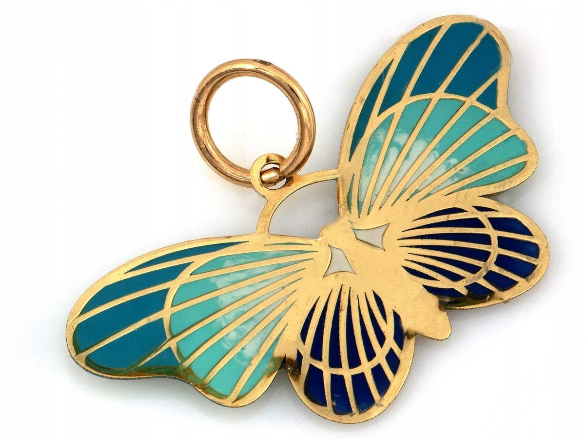Nowoczesna emaliowana złota 585 14kt zawieszka motyl 0.68g na łańcuszek