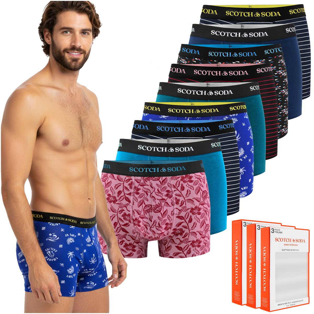 SCOTCH&SODA Bokserki Męskie 9 sztuk Bawełna Paski Wzór Kolor Mix Rozmiar M