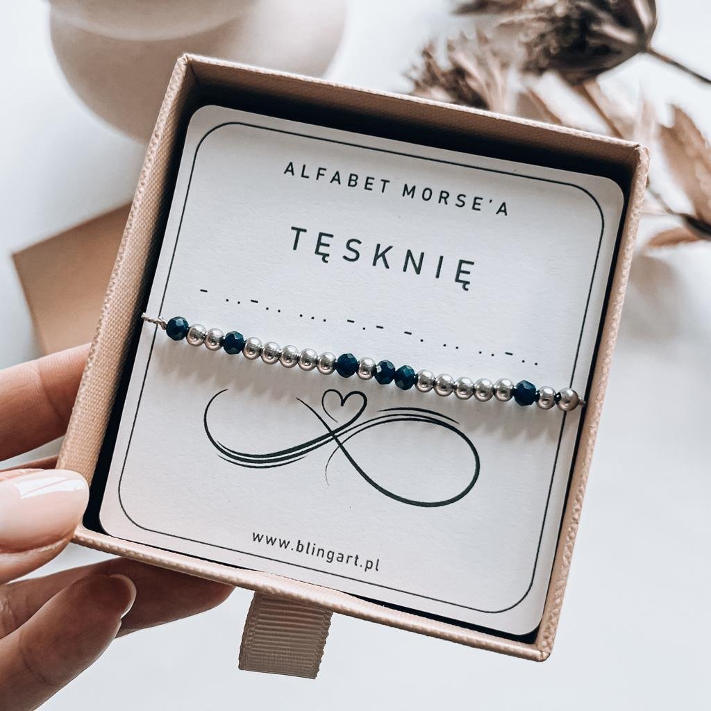 Bransoletka TĘSKNIĘ kodowana alfabetem morse'a kamienie naturalne stal chirurgiczna