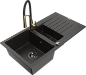 Zlewozmywaki z baterią - Mexen Matias zlewozmywak granitowy 1,5-komorowy z ociekaczem i baterią kuchenną Aster, czarny/złoty metalik - 6502-75-73450-57-B - miniaturka - grafika 1