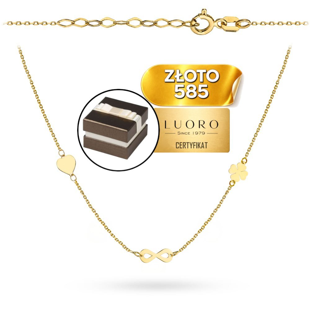 NASZYJNIK ZŁOTY 585 14K ZAWIESZKI SERCE NIESKOŃCZONOŚĆ KONICZYNKA 43 CM