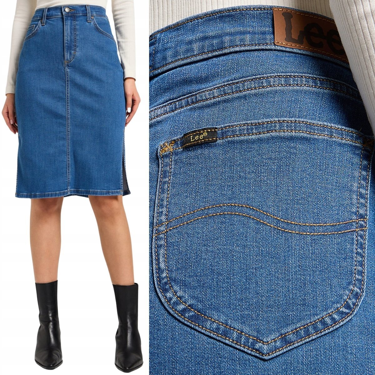 Lee SKIRT SLIM Calming JEANSOWA SPÓDNICA ROZCIĘCIA PO BOKACH BLUE DżINS W27
