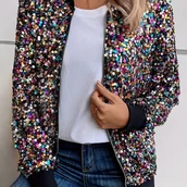 Kurtki damskie - TEMU Elegancka kurtka z zamkiem błyskawicznym i brokatem dla kobiet, mieszanka poliestru, okrągły dekolt, wzór ombre, dzianinowa, z podszewką z - miniaturka - grafika 1