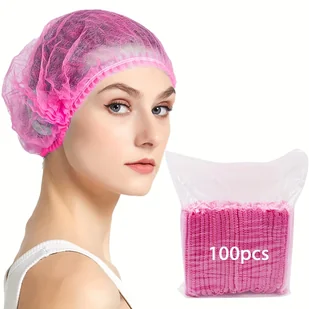 TEMU 100 szt. Unisex dorosły jednorazowy nieprzezroczysty bąbelkowy kapelusz z siatką do włosów, tkany, różowy, do salonu, spa, catering, fryzjer - Pozostałe akcesoria fryzjerskie - miniaturka - grafika 1